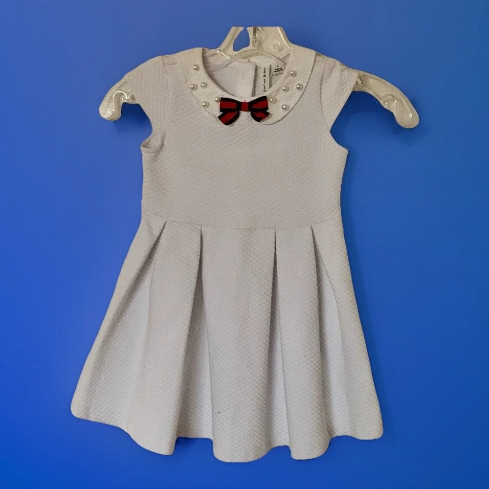 Janie And Jack Girls Dress White Pearlized Collar Red/Navy Bow Sz 5 Holiday